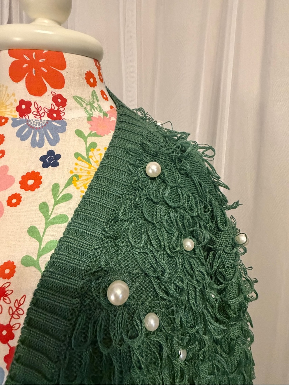 Mighty Fine Green Loop-Knit Cardigan with Pearl Accents - Picture 3 of 8